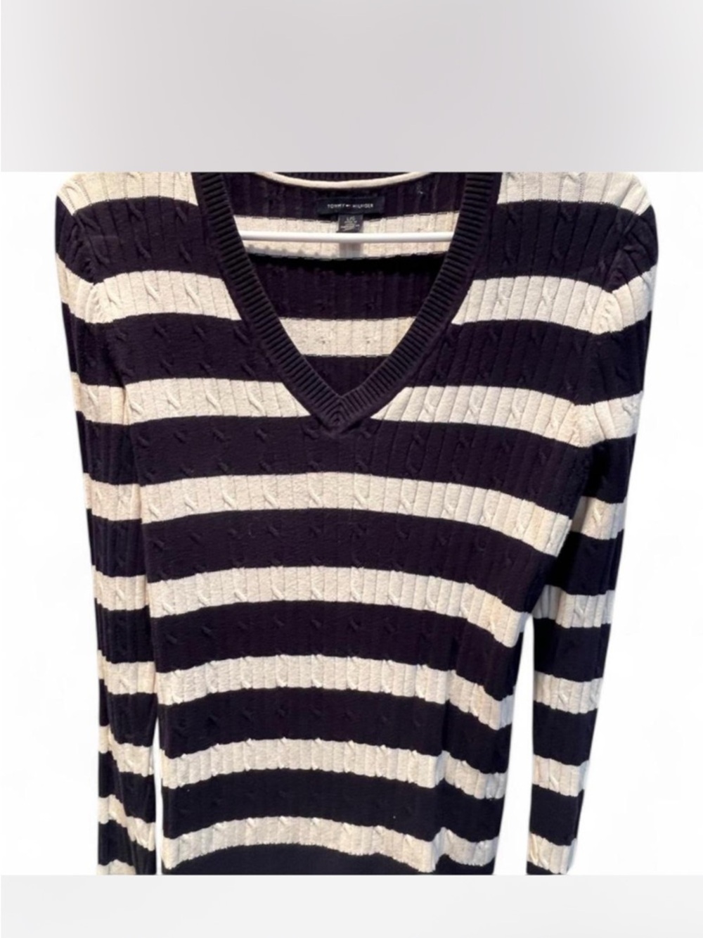 Tommy Hilfiger Navy Blue and Cream Striped V-Neck Sweater